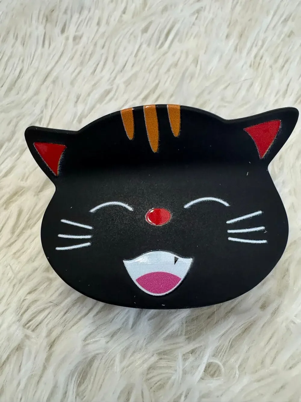 Large Black cat hair clip claw with white whiskers, red nose, and pink mouth